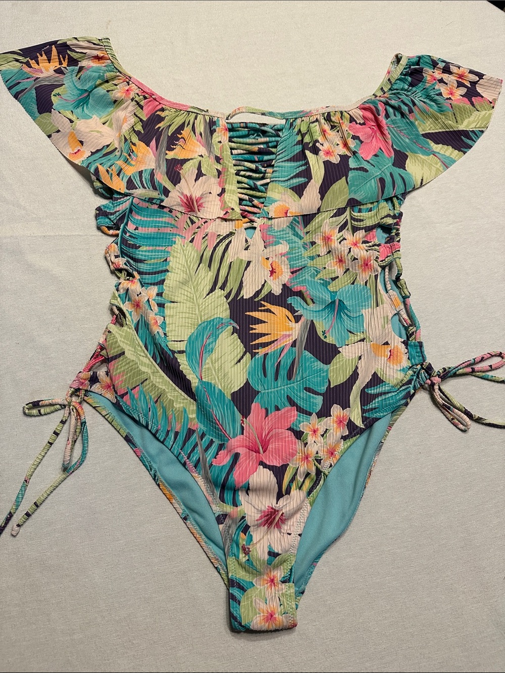 TiniBikini Pastel Tropical Hawaiian Style Floral One-Piece Swimsuit, L